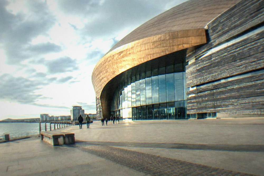 The waterfront at Cardiff Bay with the Wales Millennium Centre facade in view