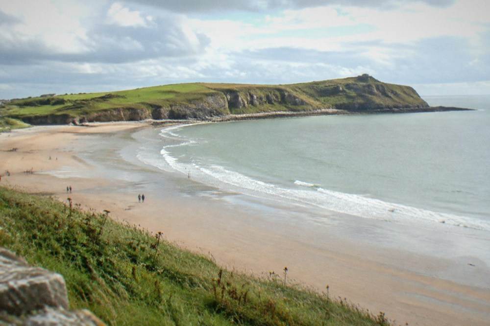 Wide sandy beach curving beneath tall grassy cliffs under a bright sky