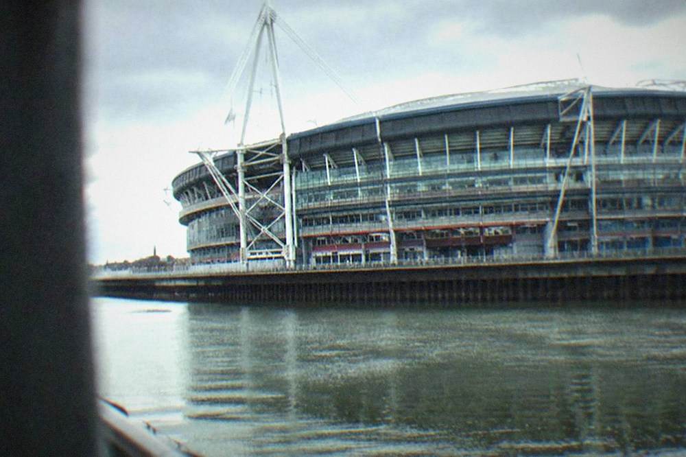 The Principality Stadium exterior seen from the river walkway in central Cardiff