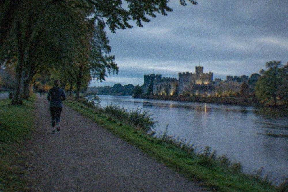Tree-lined path beside a river with a castle wall in the distance