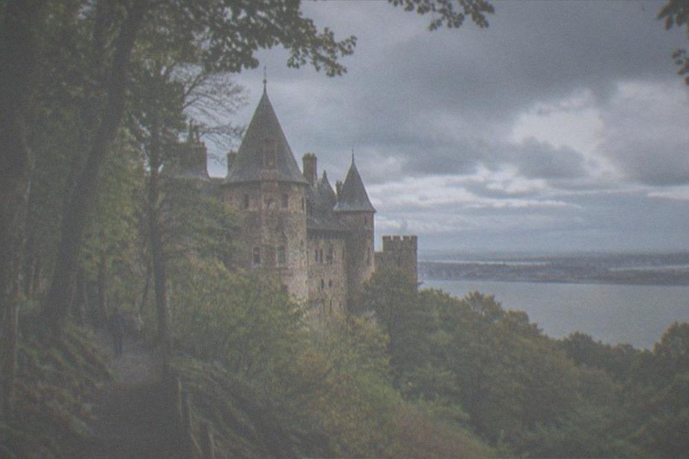 A woodland path climbing through beech trees toward castle towers