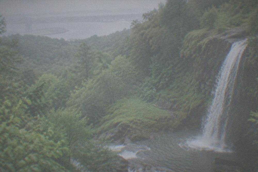 Wooded valley with a waterfall falling over mossy rocks