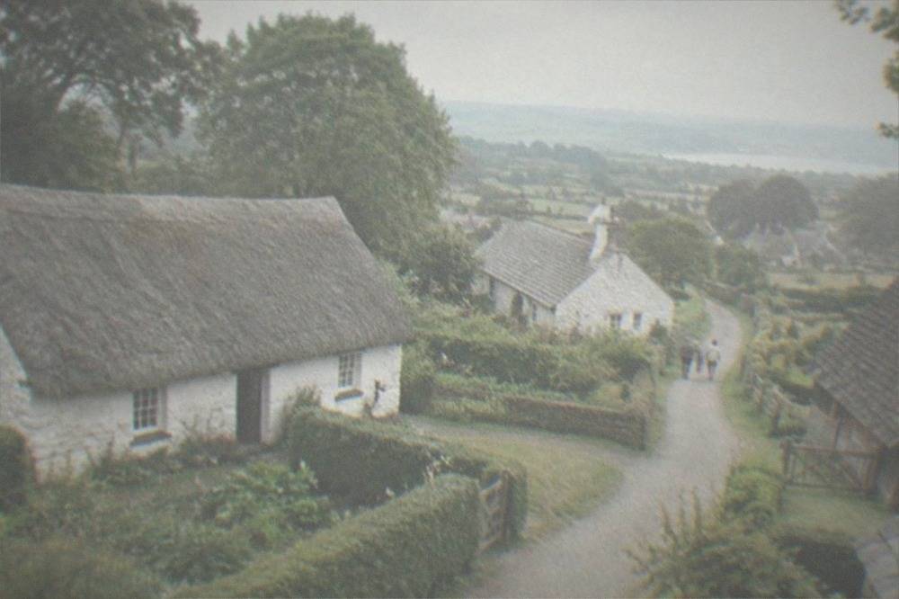 A thatched farmhouse beside a hedged garden path with mature trees behind