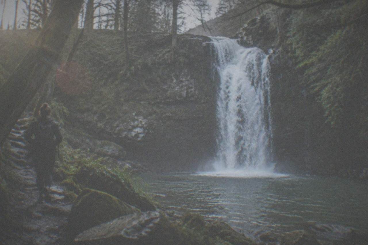 A woodland waterfall cascading over a rock face into a plunge pool