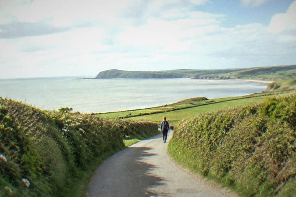 A narrow country lane winding between hedgerows towards a distant coastline