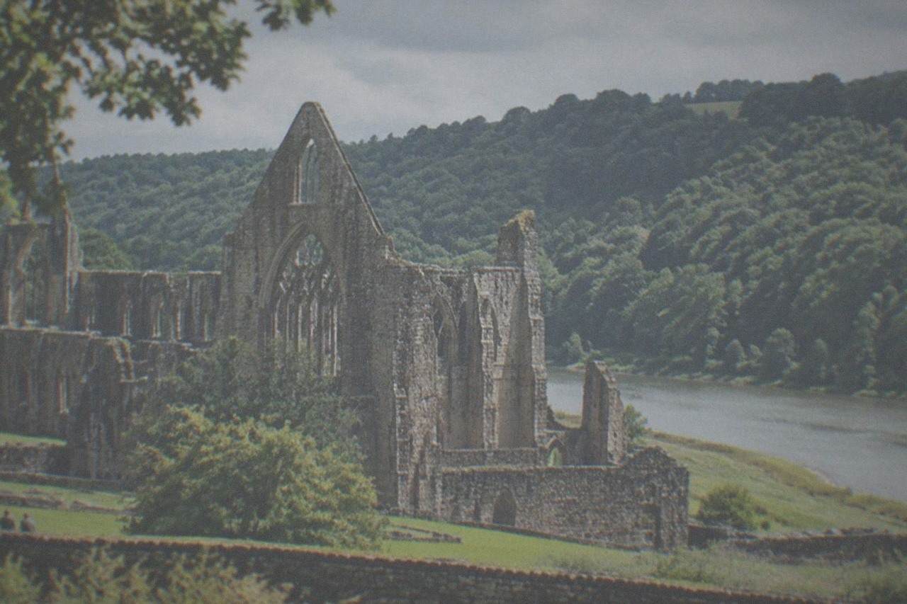 The ruined gothic arches of a medieval abbey church beside a wooded river valley
