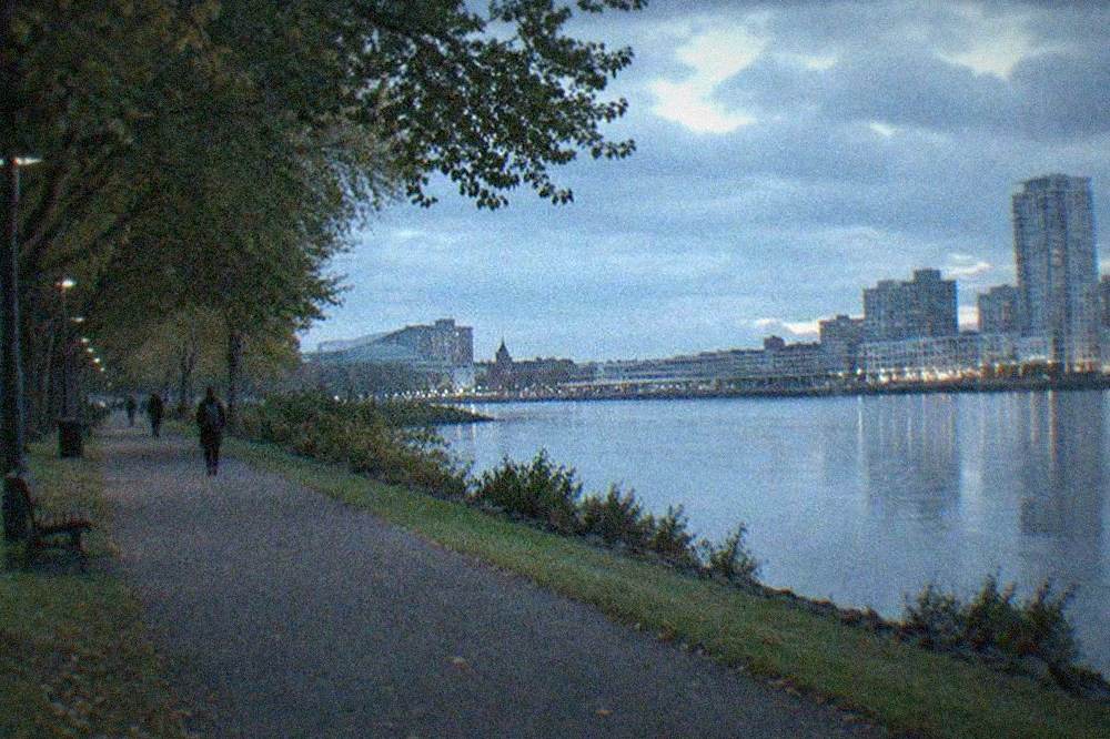 A wide tree-lined path beside a calm river in a city park