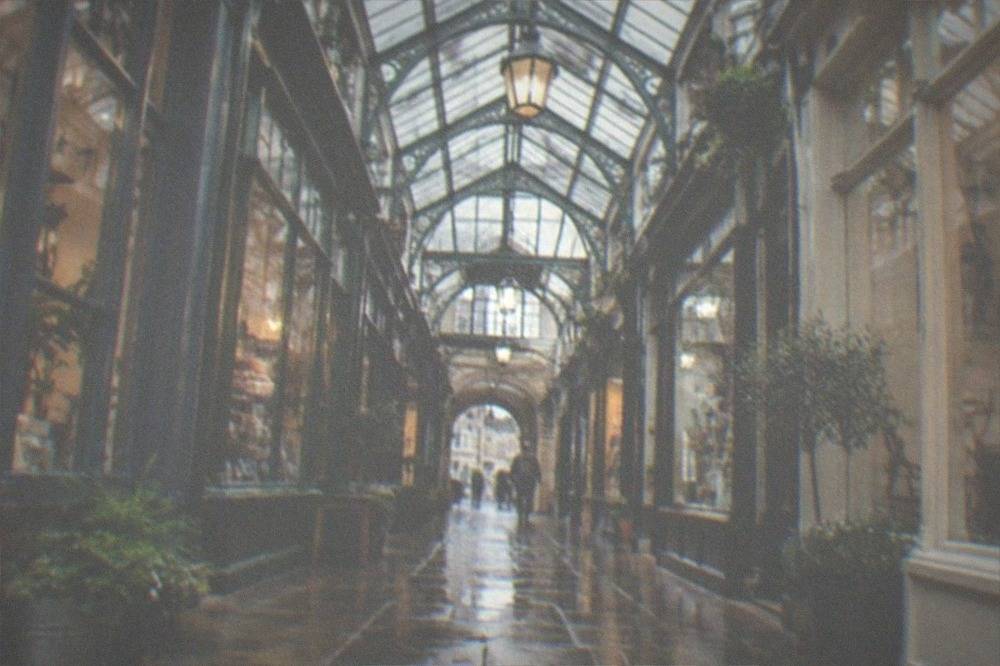 A covered Victorian shopping arcade with small independent shopfronts