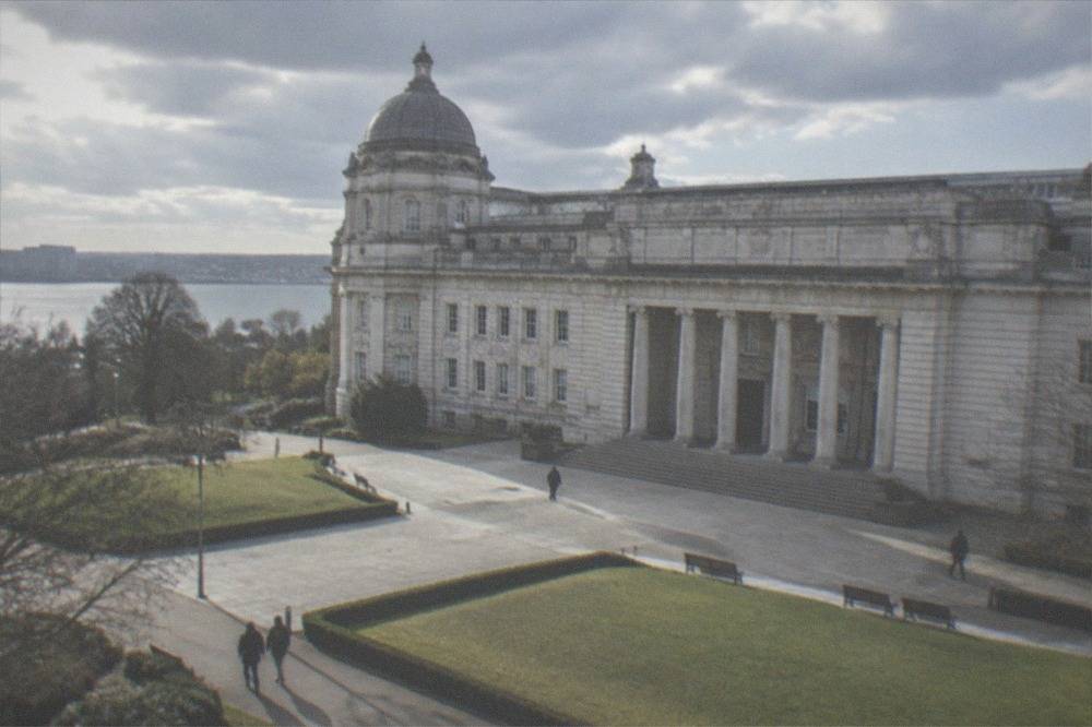 National Museum Cardiff facade with columns and lawn